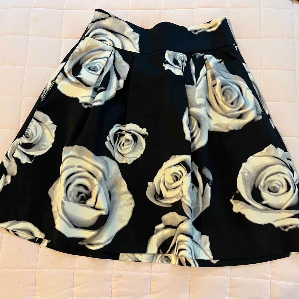 Whbm White House Black Market White Roses Printed Pleated Black Skirt Size 00